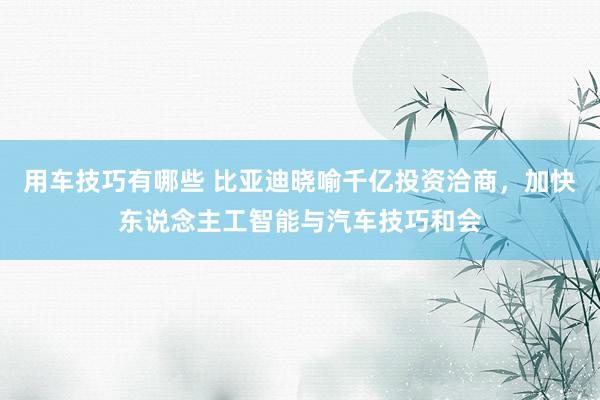 用车技巧有哪些 比亚迪晓喻千亿投资洽商，加快东说念主工智能与汽车技巧和会